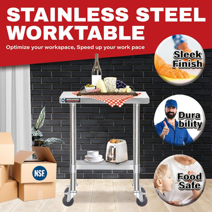 DuraSteel 30x12 NSF Stainless Steel Cart - Heavy Duty Rolling Food Prep Table with Undershelf