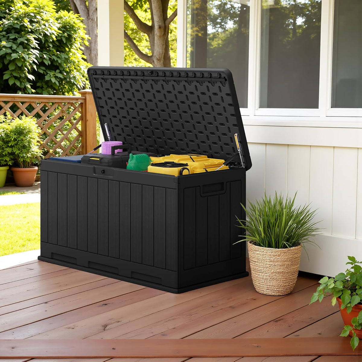 Devoko 90 Gallon Double-Wall Deck Box, Side Handles, HDPE Outdoor Large Storage Box Waterproof and