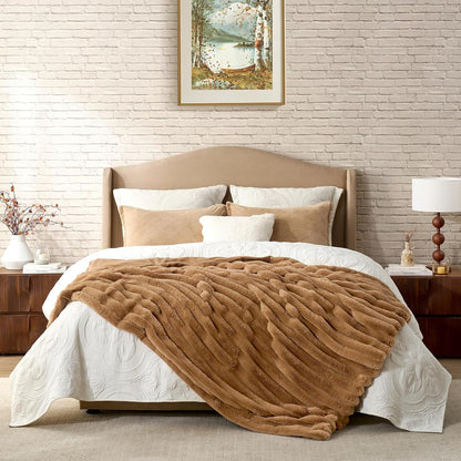 Cozy Bliss Faux Fur Throw Blanket for Couch, Cozy Warm Plush Striped Blanket for Sofa Bedroom
