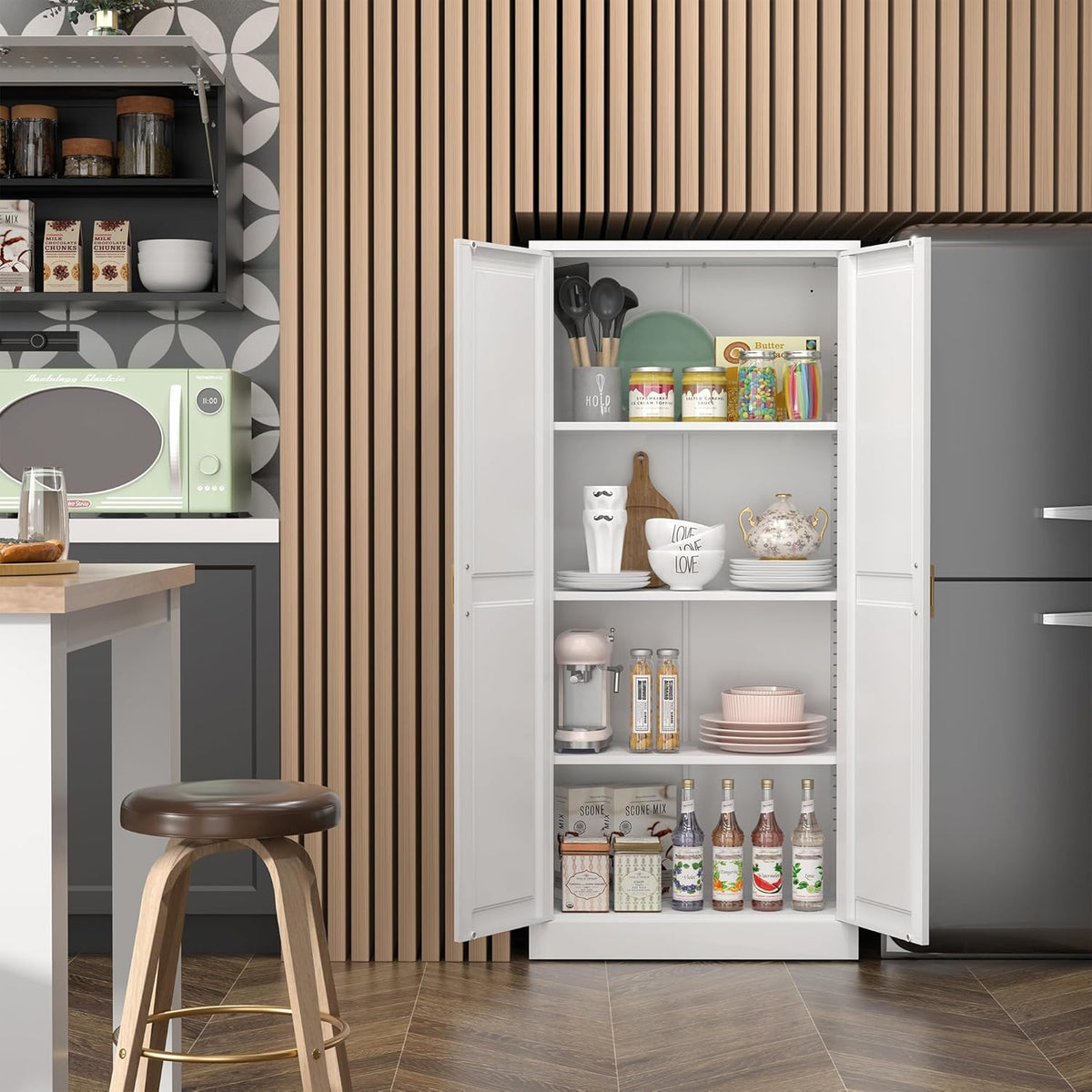 Kitchen Cabinet Storage,60”Metal Pantry Cabinet with Doors and 3 Adjustable Shelves,Food Pantry