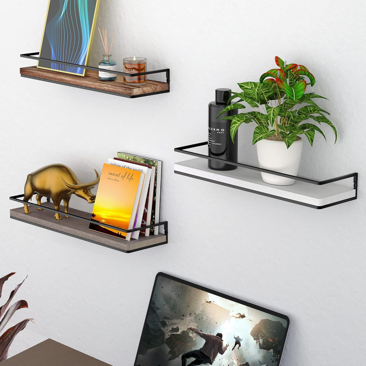 Meangood Floating Shelves Wall Mounted Set of 2, Rustic Wood Wall Storage Shelves for