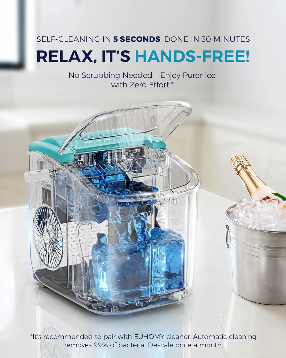 EUHOMY Countertop Ice Maker Machine with Handle, 26lbs Per Day, 9 Ice Cubes Ready in 6 Mins