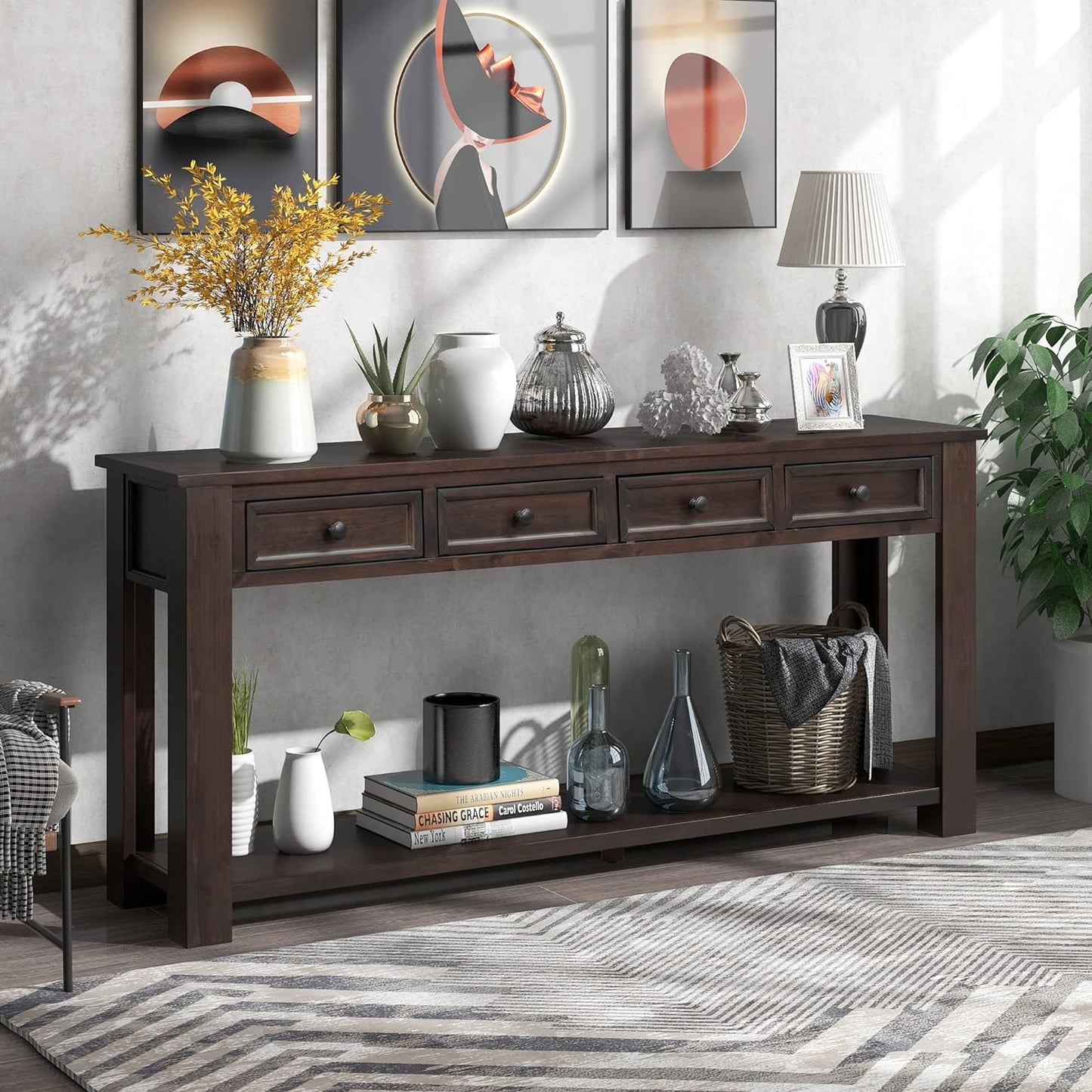 63" Solid Wood Console Table Sofa Table with Storage Drawers and Bottom Shelf,Farmhouse Entryway