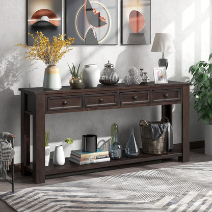 63" Solid Wood Console Table Sofa Table with Storage Drawers and Bottom Shelf,Farmhouse Entryway