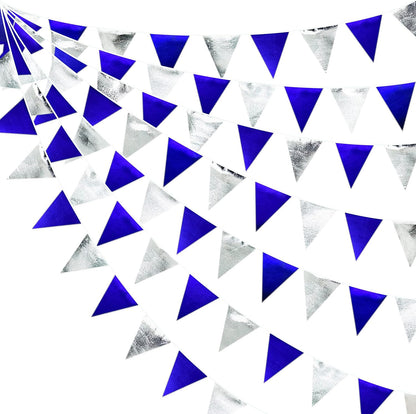 Royal Blue Silver Party Decorations Navy Blue Triangle Pennant Banner Flag Metallic Fabric Bunting