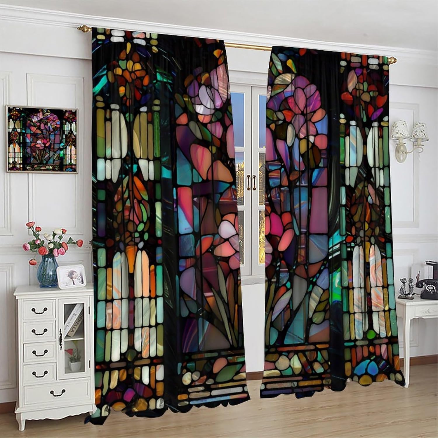 Stained Glass Curtains,Vintage Colorful Abstract Art Home Decor Drapes for Bedroom Living Room
