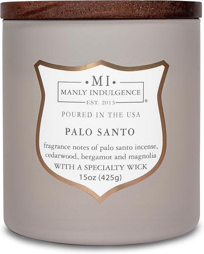 Manly Indulgence Palo Santo Scented Candles for Men, 15 oz Wooden Wick, Premium Soy Blend Wax, 60H