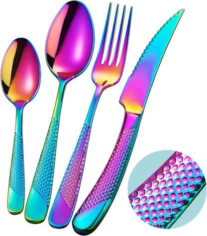 16-Piece Modern Hammered Rainbow Silverware Set with Ultra Sharp 2-IN-1 Serrated Knife, 18/10