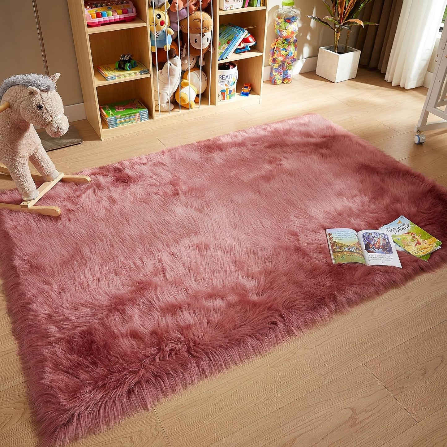 AMTOVO Faux Fur Sheepskin Rug for Living Room, 4 x 6 ft Blush Pink Fluffy Area Rug for Bedroom