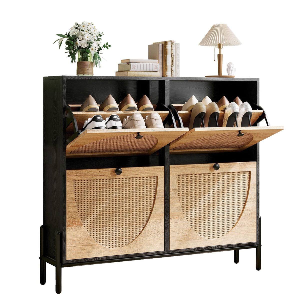 IRONCK Rattan Shoe Cabinet Storage with 4 Flip Drawers, Black