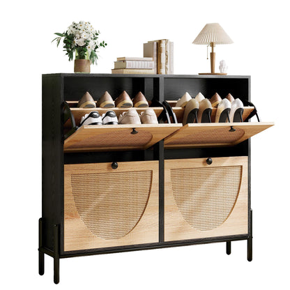 IRONCK Rattan Shoe Cabinet Storage with 4 Flip Drawers, Black