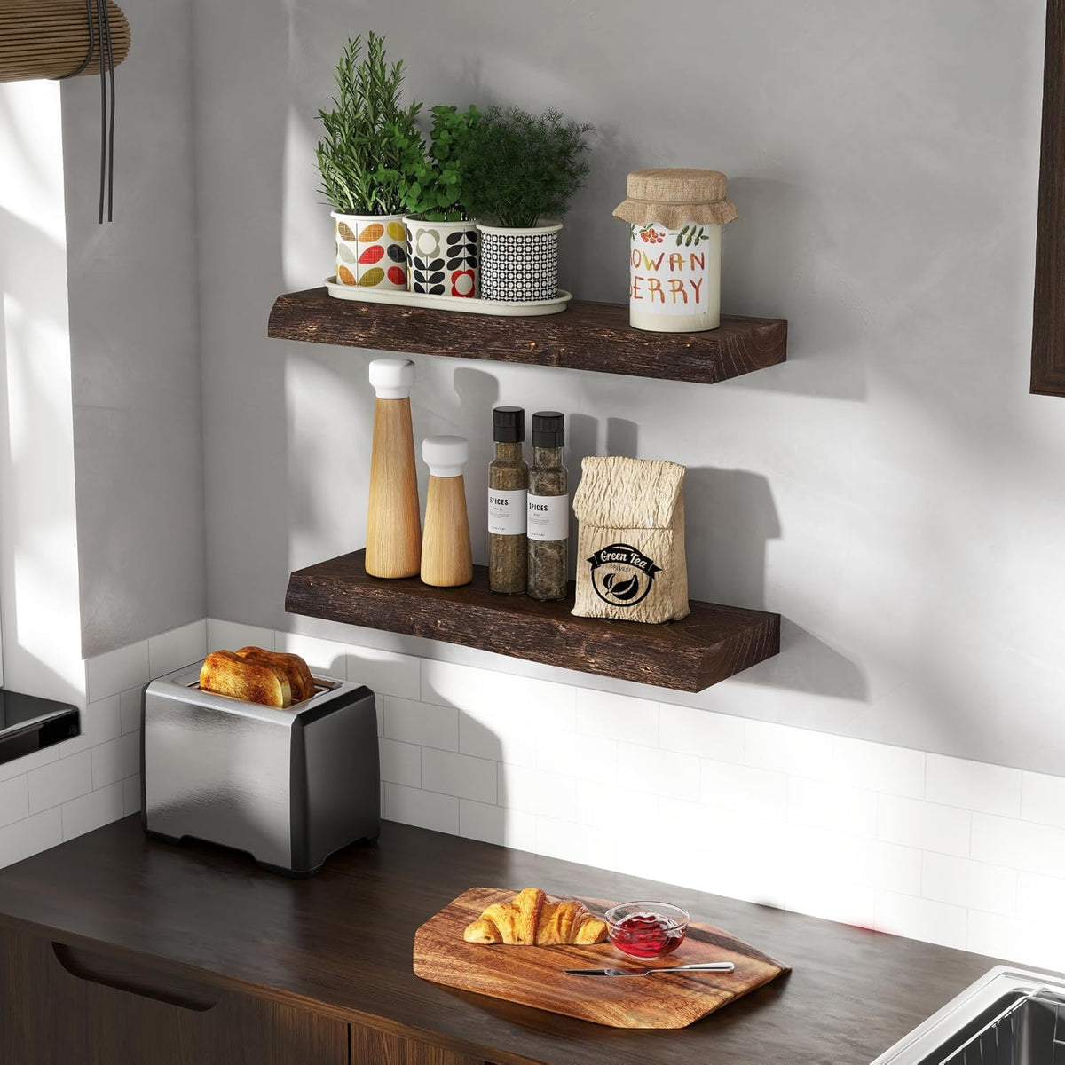 24" Floating Shelves, Live Edge Solid Elm Wood Floating Shelf, Wall Mounted Display Shelves with