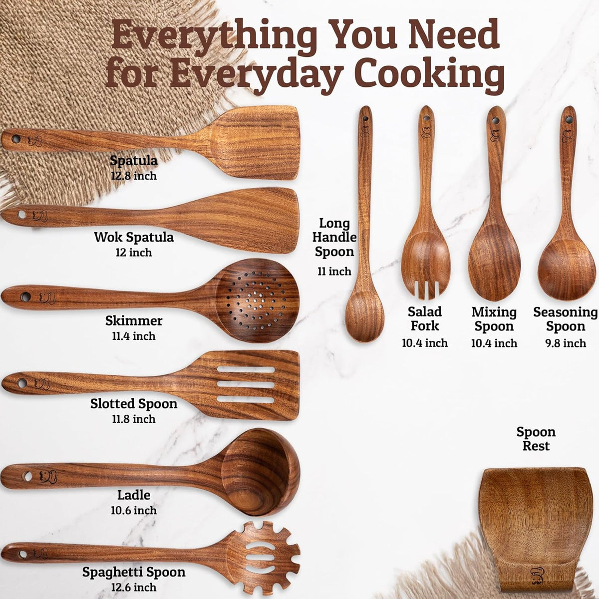 PriorityChef Premium Wooden Spoons for Cooking - 10pc with Spoon Rest and Hanging Hooks, Smooth