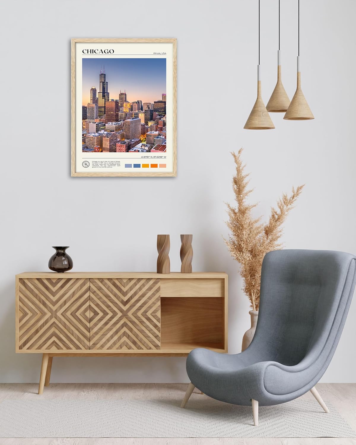 HesenDot Natural OAK Wood Chicago Cityscape Framed Wall Art,12x16in City Skyline Canvas Wall