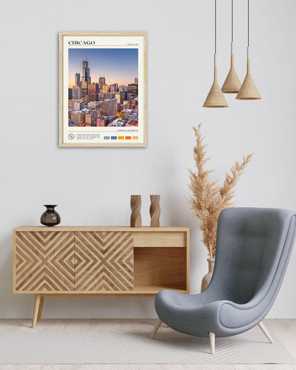 HesenDot Natural OAK Wood Chicago Cityscape Framed Wall Art,12x16in City Skyline Canvas Wall