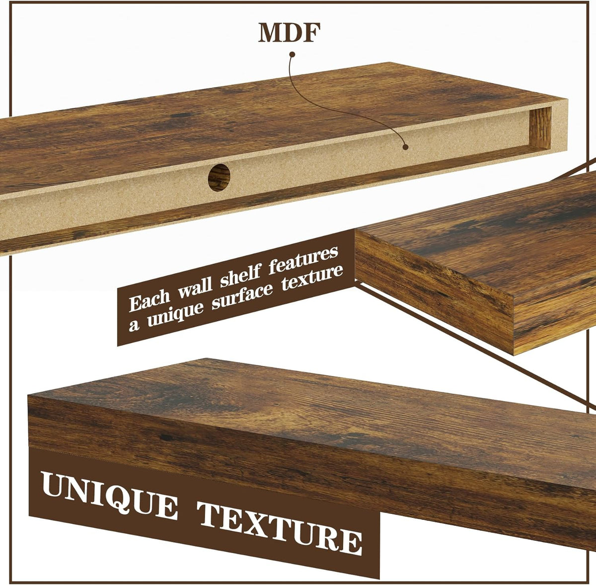 BAMEOS Floating Shelves,40 in W x 7in D Wall Mounted Wooden Shelves with Invisible Brackets Set of
