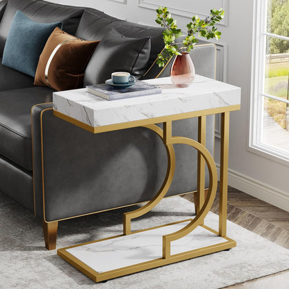 Tribesigns Narrow Side Table White Gold C Shaped End Table Modern Small Bedside Tables for Couch