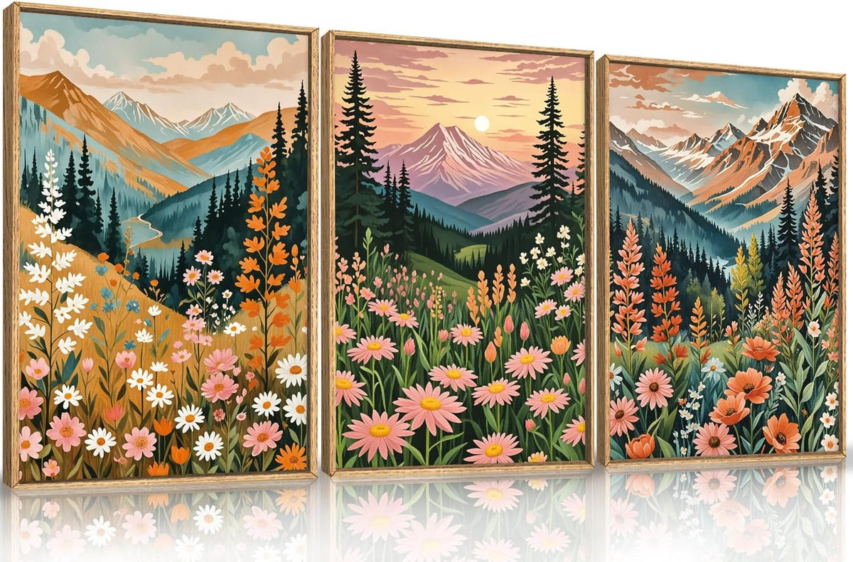 HPINUB Mountain Sunset Floral Framed Canvas Wall Art Set,Colorful Wildflower Daisy Flower Wall