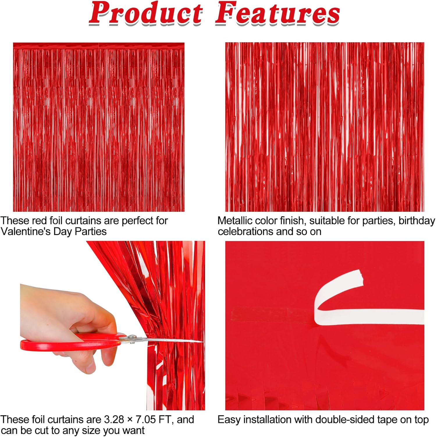 8 Pack Red Backdrop, 3.28 FT x 7.05 FT Streamer Party Decorations, Metallic Foil Fringe Curtains