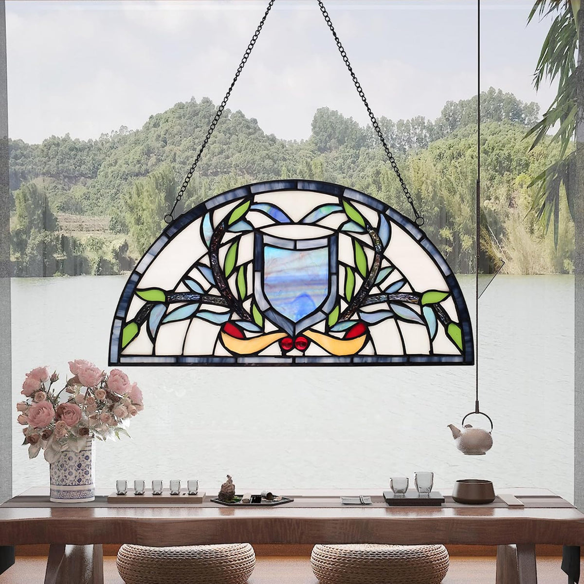 YOURANJU Half Moon Stained Glass Window Hanging Tiffany Style 16" x 8" Half-Round Window Panel