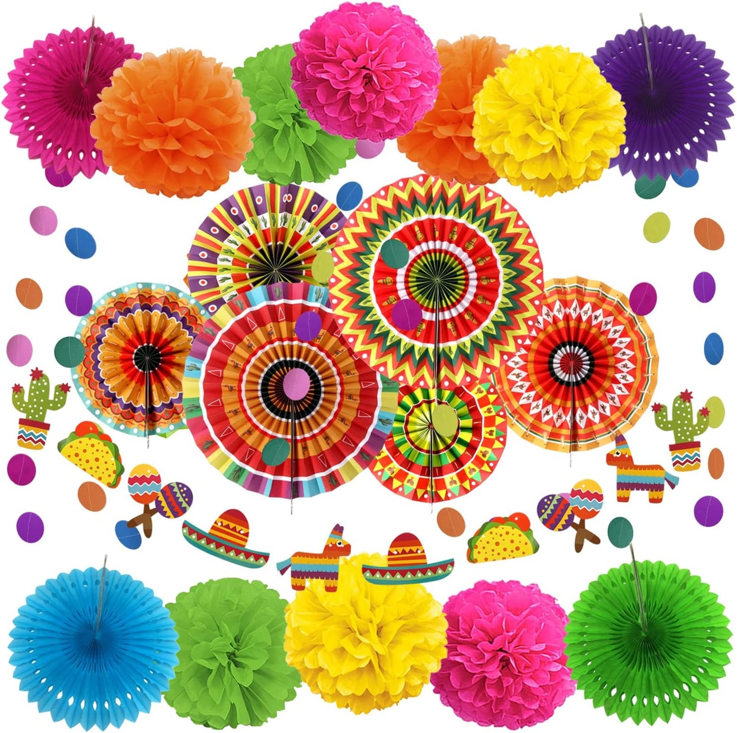 ZERODECO Fiesta Mexican Party Decorations, 21 Pcs Multi-color Paper Fans, Pom Poms Flowers for
