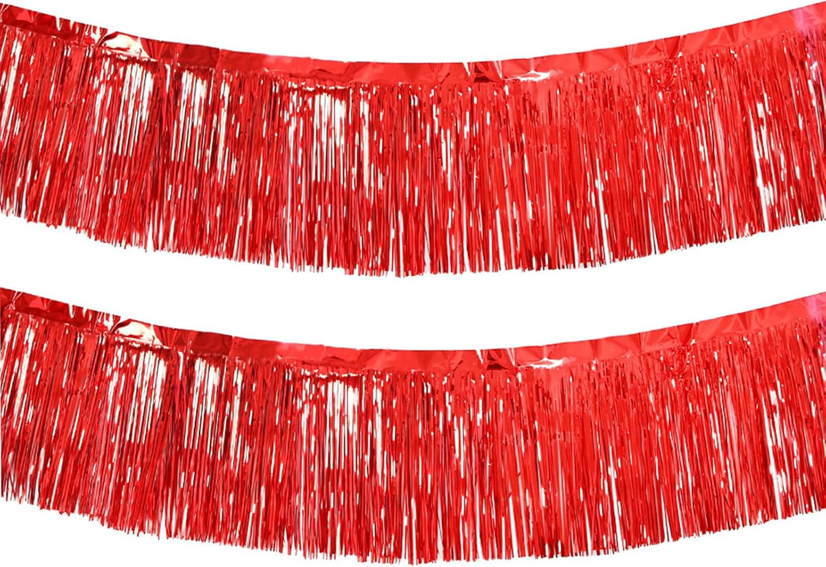 Red Foil Fringe Garland 10FT 2packs, Metallic Foil Tinsel Fringe Banners for Parade Float