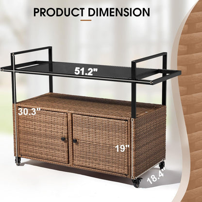 VINGLI Wicker Outdoor Bar Cart with Storage and Wheels, Outdoor Bar Table Serving Cart Rattan Bar