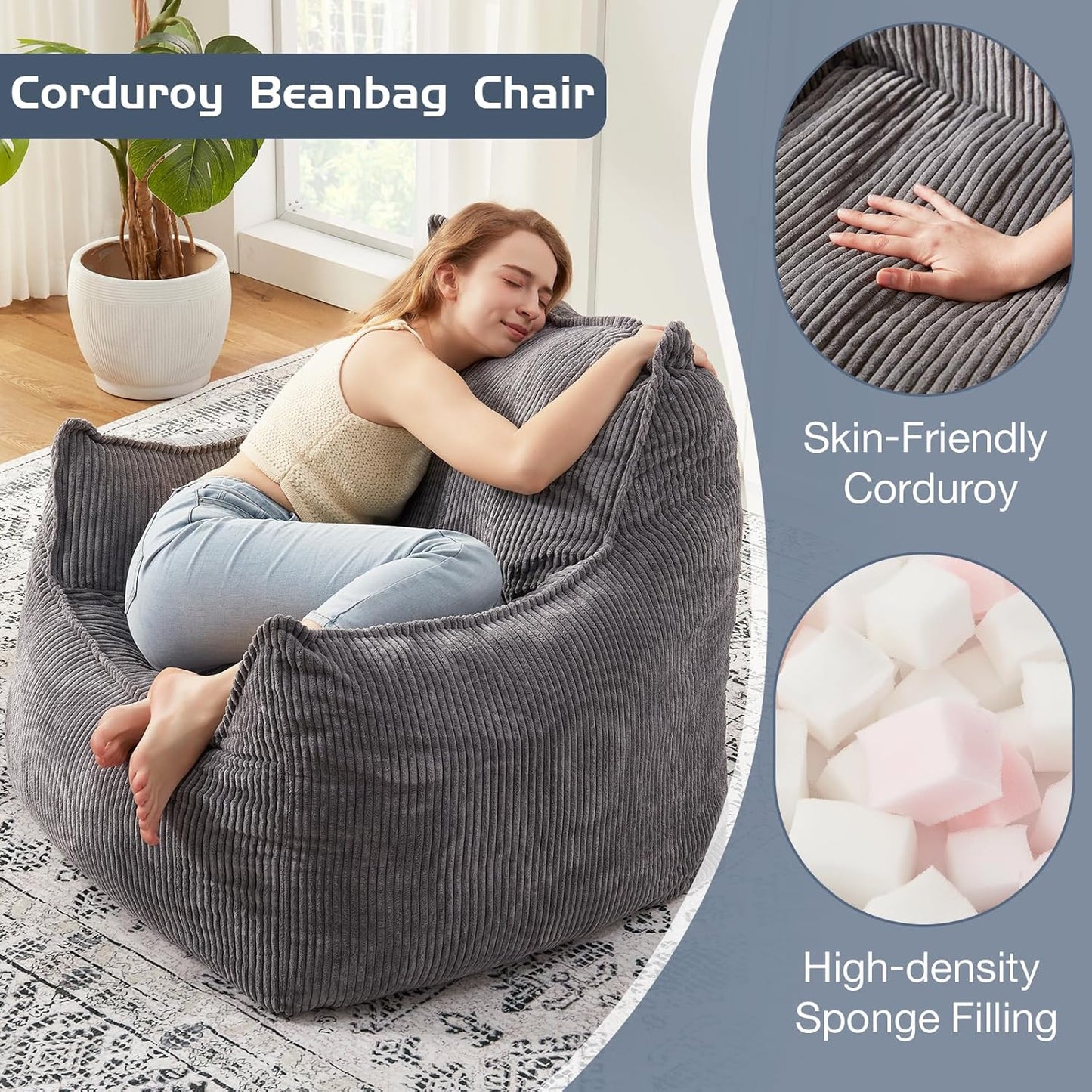 Giant Bean Bag Chair Sofa for Adults Teens, Comfy Corduroy Large Bean Bag Chairs with Armrests for