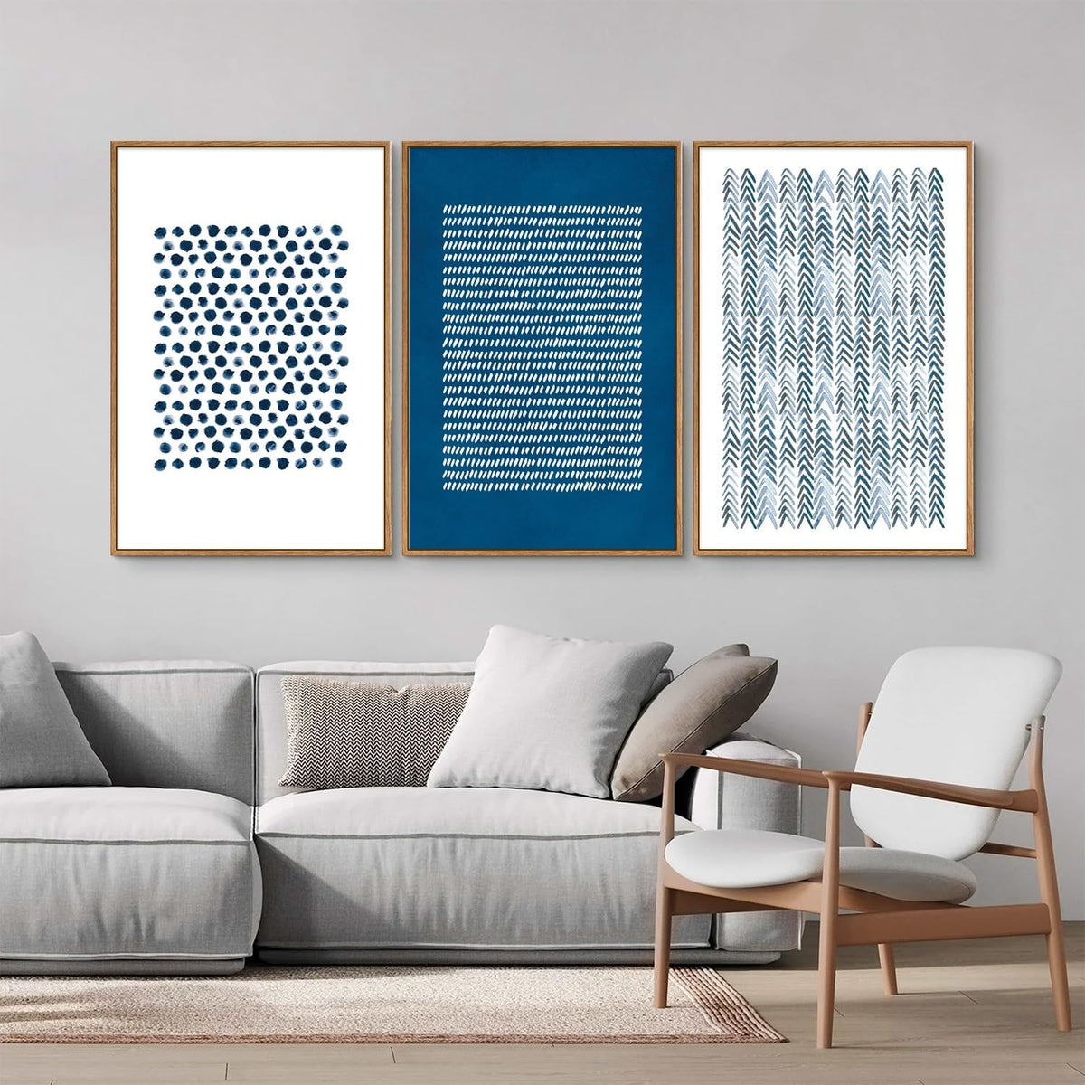 Tinonedraw Navy Blue and White Framed Canvas Wall Art Set, Minimalist Geometric Wall Decor, Neutral
