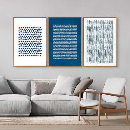 Tinonedraw Navy Blue and White Framed Canvas Wall Art Set, Minimalist Geometric Wall Decor, Neutral