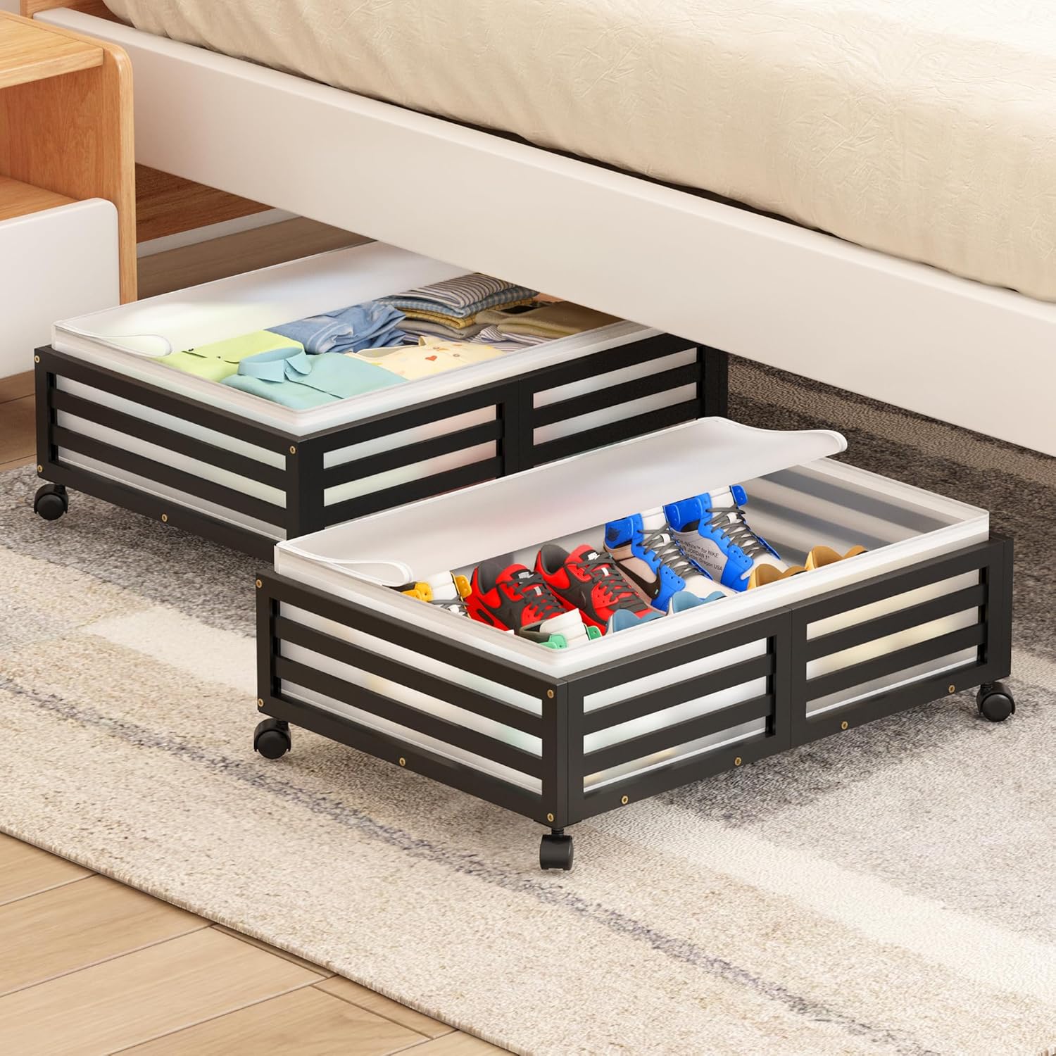Under Bed Storage with Wheels-Large Bamboo Underbed storage Containers with Large Dust Bag