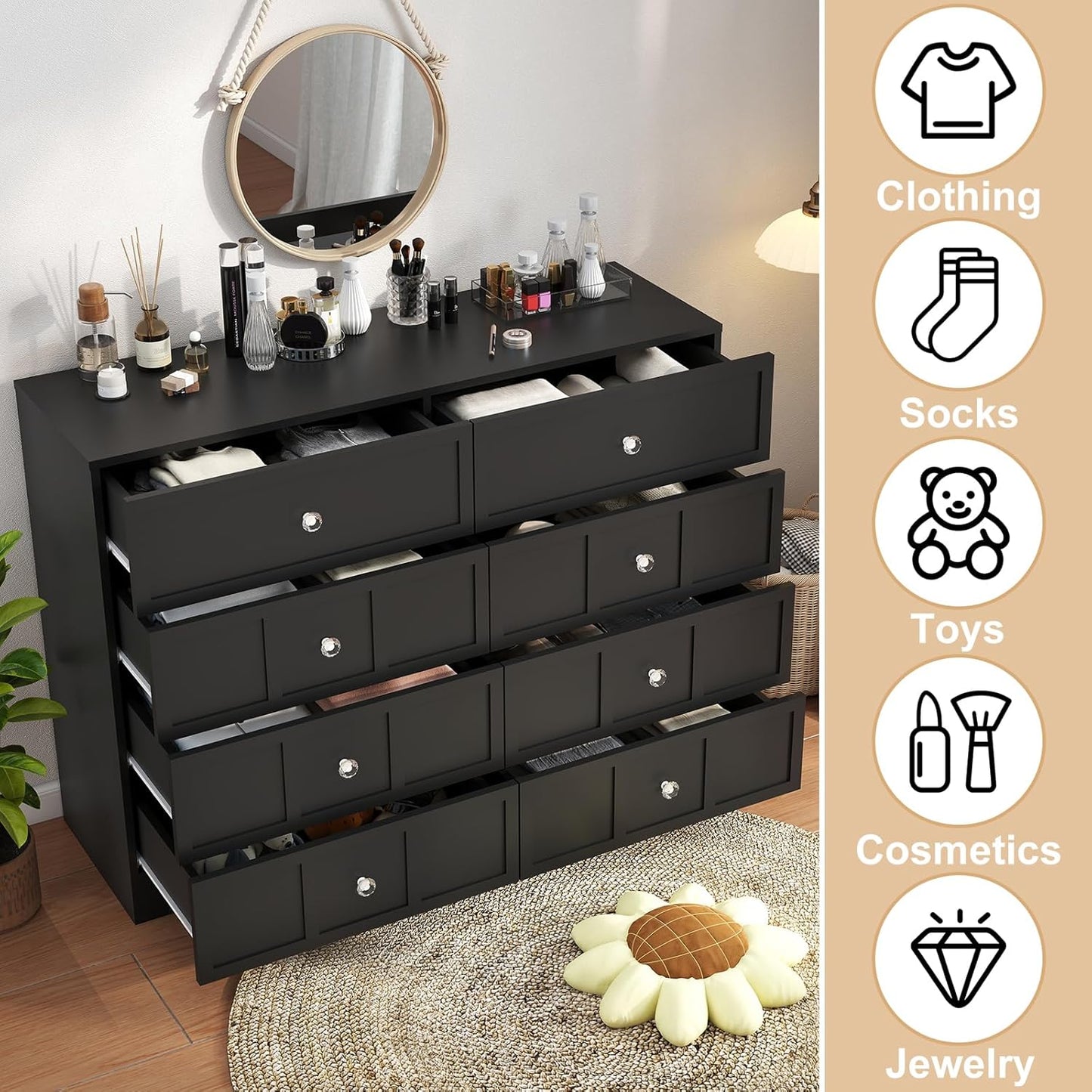 Wood Dresser for Bedroom 8 Drawer: 47" Black Chest of Drawers Wood, Modern Fluted Cabinet with