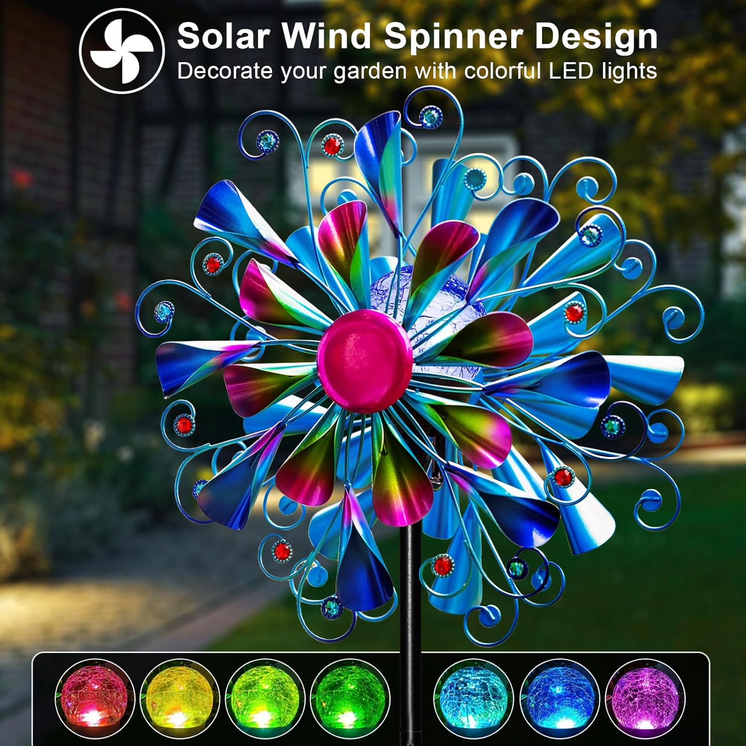 60'' Wind Spinner with Color Glass Ball Solar Lights, Blue Peacock Feathers Metal Garden Outdoor
