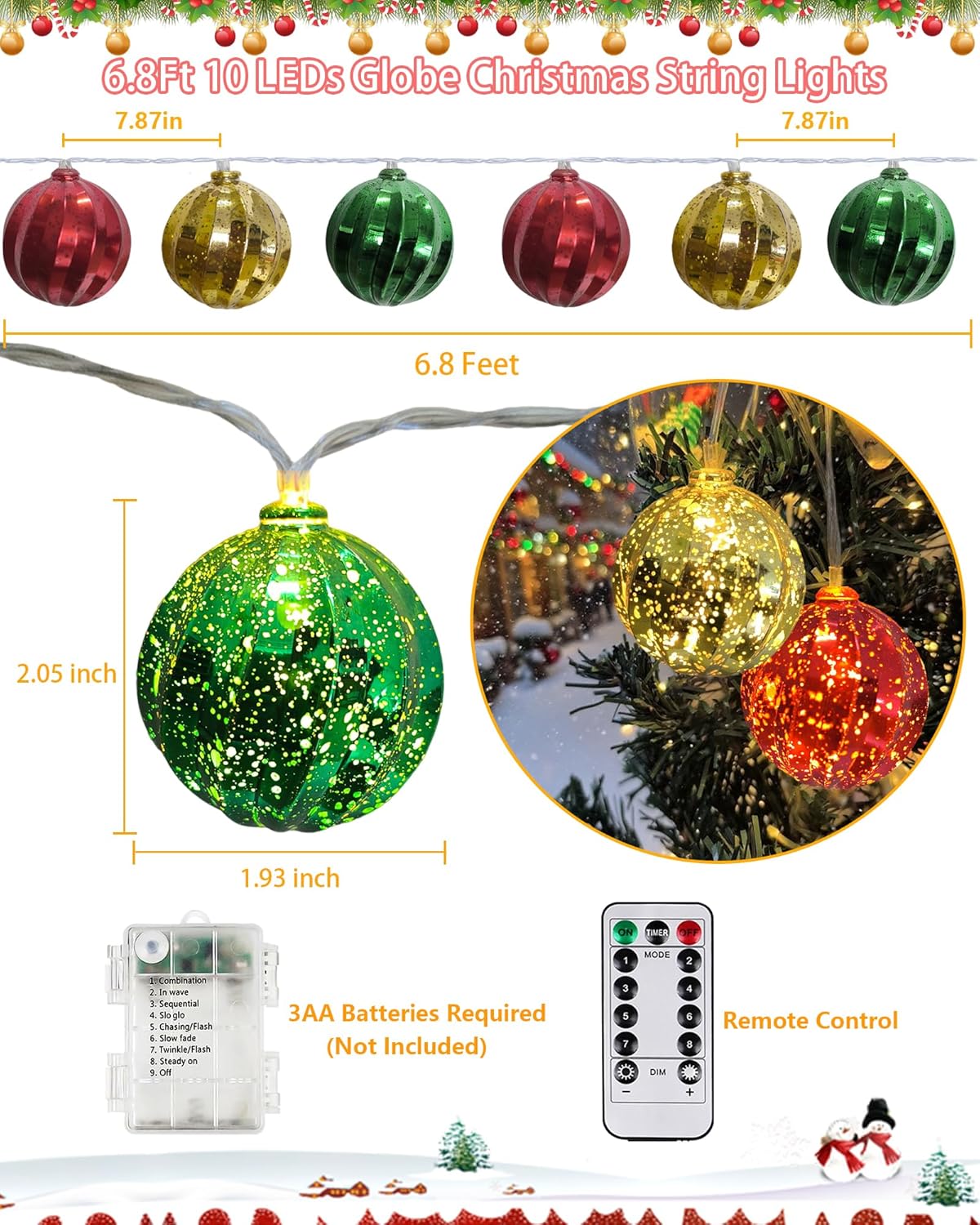 Christmas Tree Ball Ornament Lights 7FT Battery Operated Christmas Lights Indoor 10 LED Colored