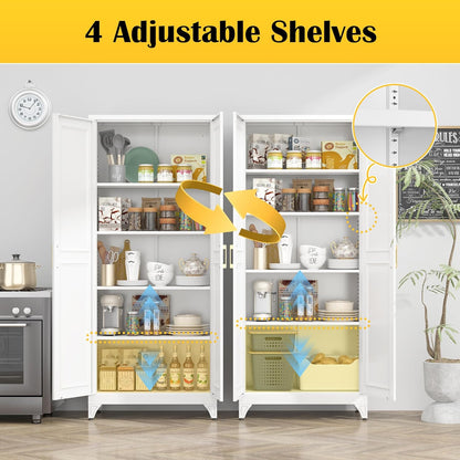 Kitchen Pantry Cabinet,75”White Metal Storage Cabinets with Doors and 4 Adjustable Shelves,Kitchen