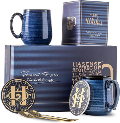 Hasense Coffee Mugs Set of 2, 12oz Ceramic Glazed Mugs with Handles, Blue Reactive Glazes Tea Cups