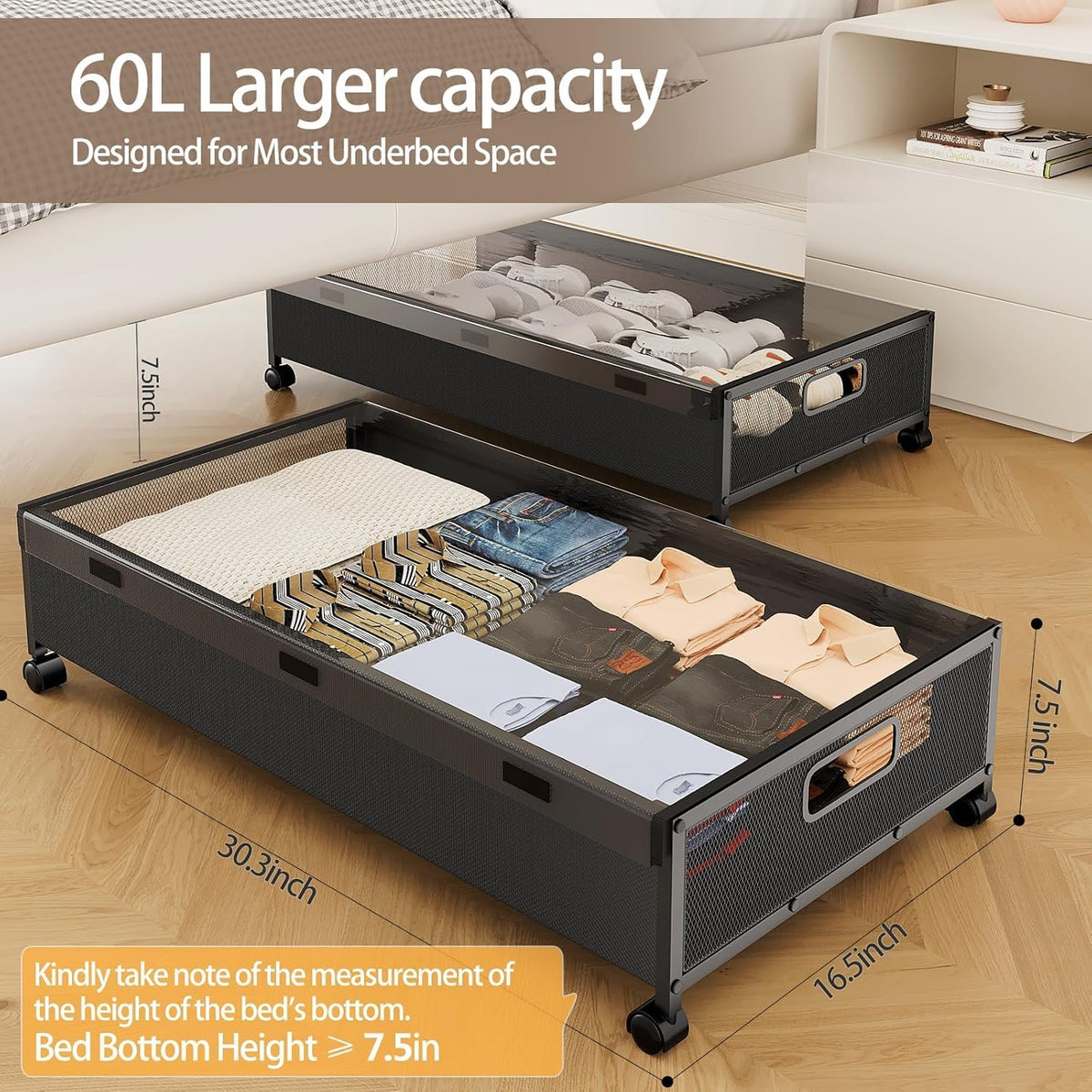 Under Bed Storage Containers with Wheels, Underbed Shoe Storage Organizer with Removable Lids