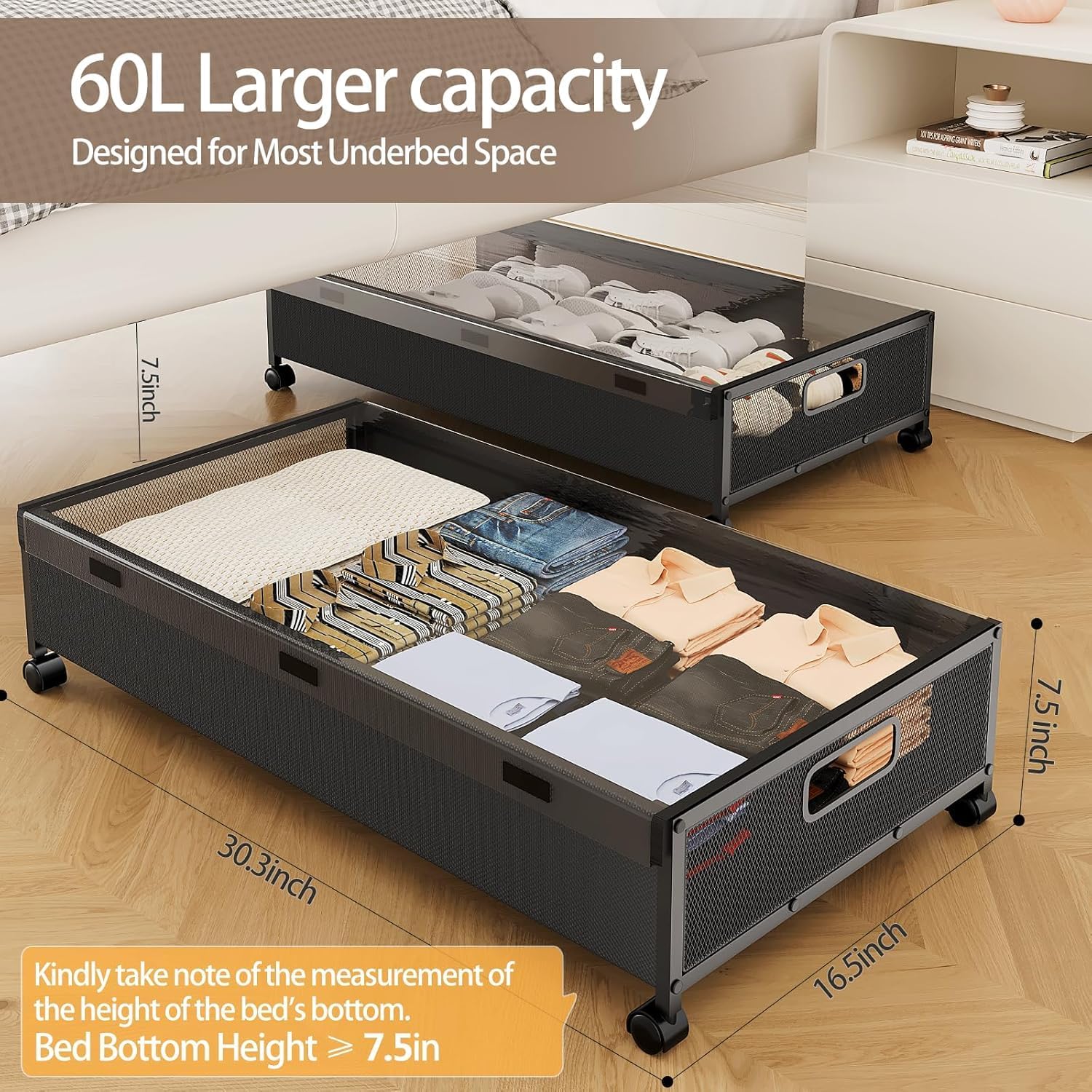 Under Bed Storage Containers with Wheels, Underbed Shoe Storage Organizer with Removable Lids