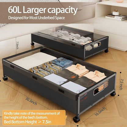 Under Bed Storage Containers with Wheels, Underbed Shoe Storage Organizer with Removable Lids
