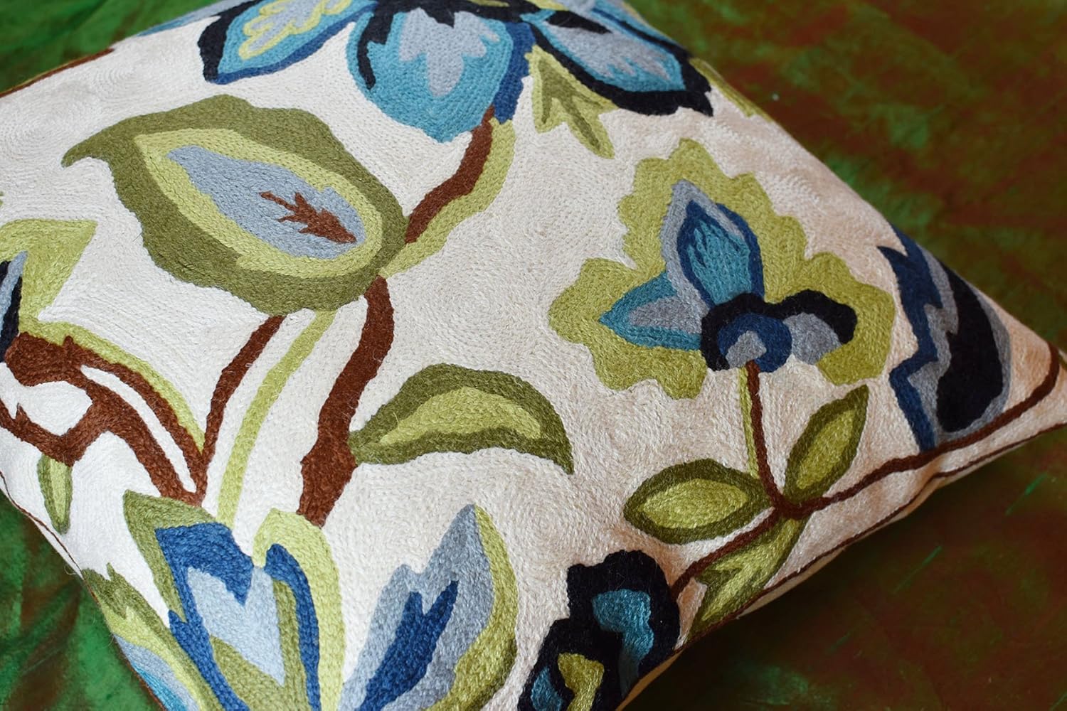 Modern Cream Decorative Floral Pillow Cover Needlepoint White Flower Hand Embroidered Pillowcase