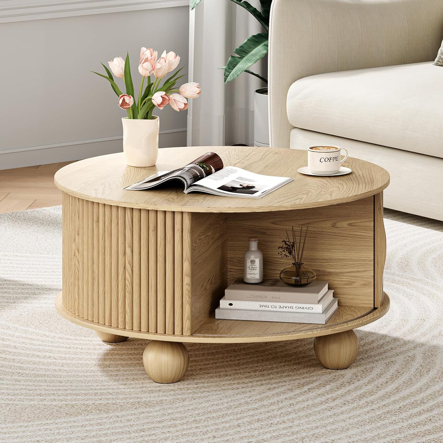 Round Coffee Table with Storage,Fluted Lift Up Coffee Table with Sliding Door,31.5" Drum Center