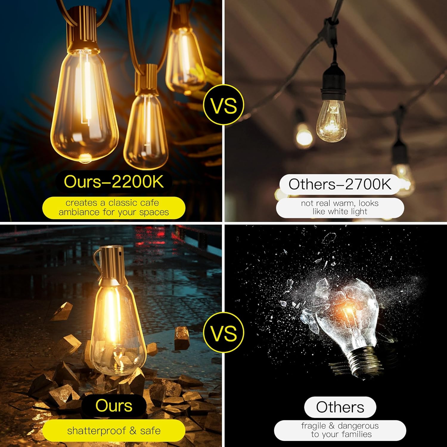 OHLUX Exterior Hanging Lights,180FT Connectable Outside Patio Lights with 94 Shatterproof ST38 LED
