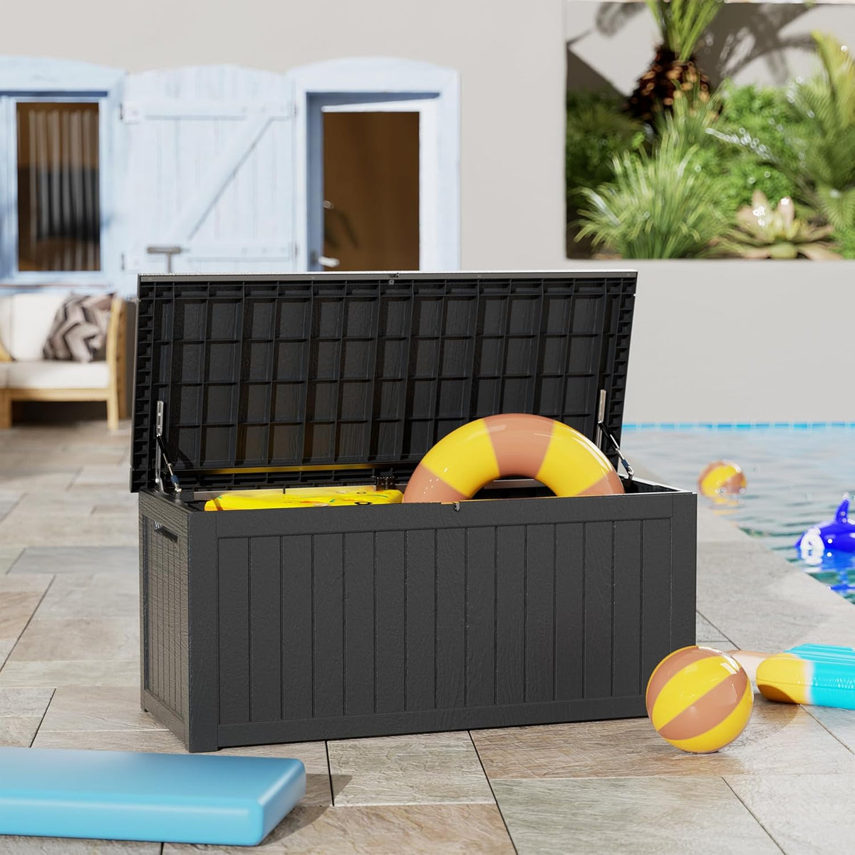 270 Gallon Outdoor Storage Box Waterproof Lockable Resin Deck Box Large, Patio Storage Bin for Pool