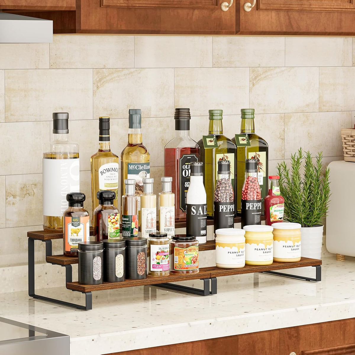 Giikin 3-Tier Spice Rack, 13.8 Inch Wood Countertop Spice Storage Holder, Kitchen Pantry Cabinet