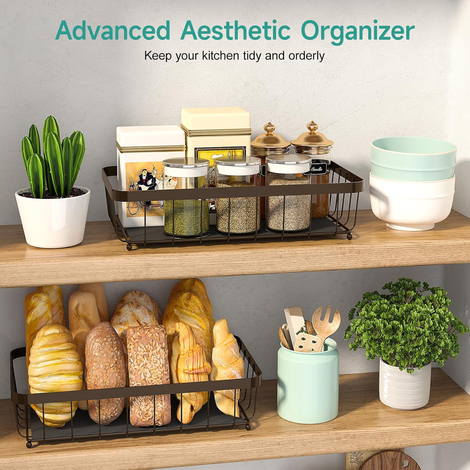 2 Tier Fruit Basket for Kitchen Counter with 2 Banana Hangers, 2025 Pro Detachable Metal Fruit Bowl