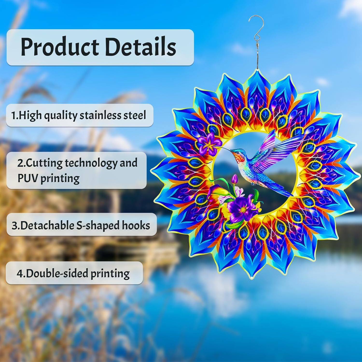 Hummingbird Wind Spinner,Hanging Wind Spinners Outdoor for Garden Decoration，15.7 inch 3D Stainless