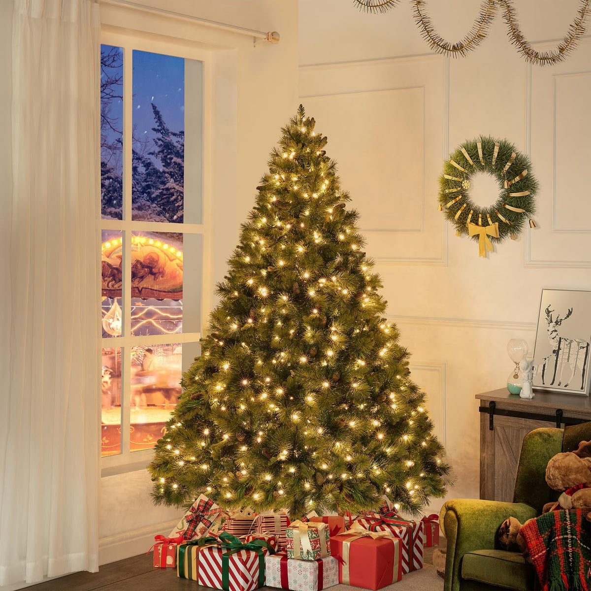 Naomi Home Vail 4.5ft Prelit Artificial Christmas Tree with Pine Cones, Foot Pedal, 561 Branch