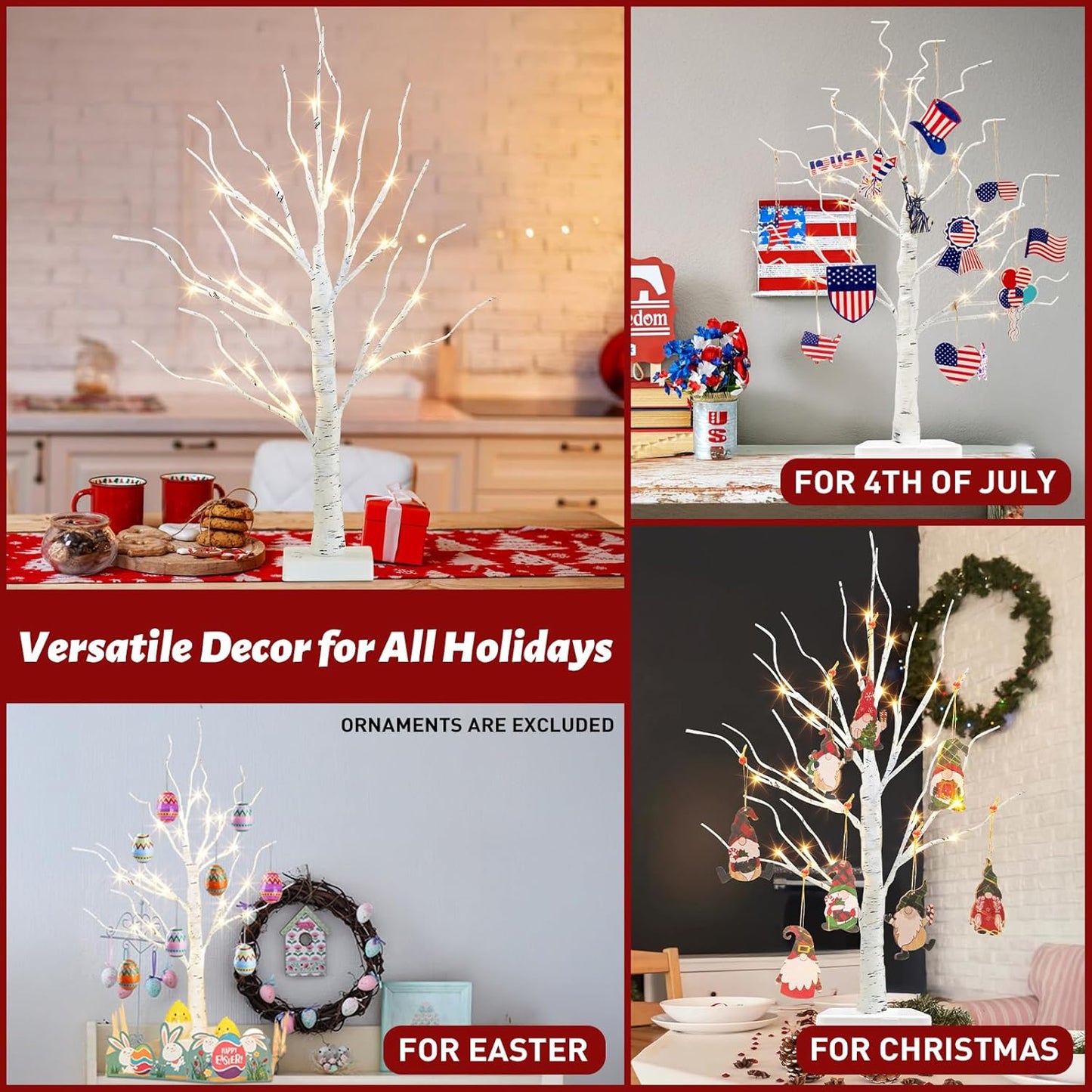PEIDUO Artificial Tree for Easter Decorations, 2 FT Birch Tree with LED Lights, Warm White Fairy