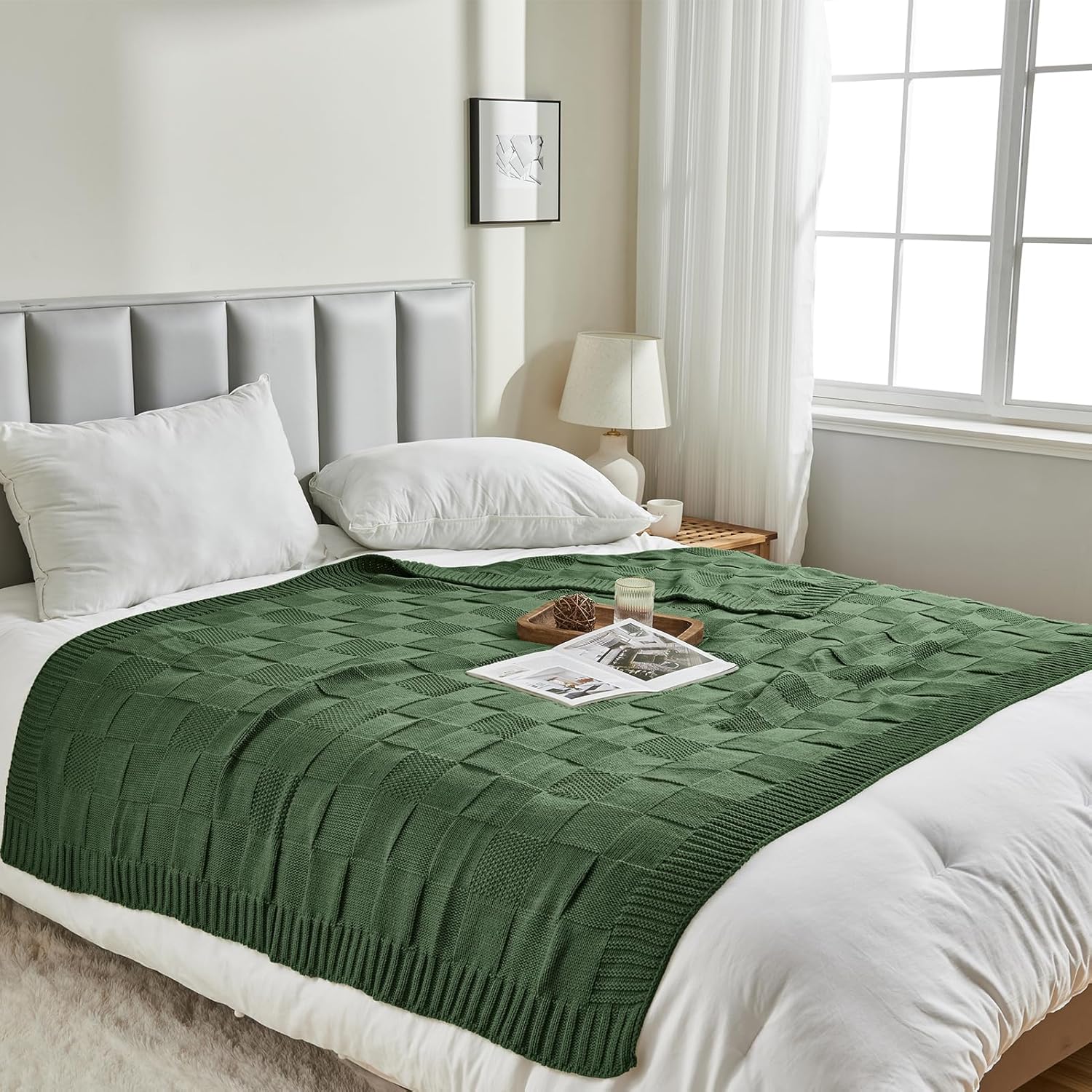 CozeCube Knit Throw Blanket,Christmas Green Checkered Bedroom Blanket for Couch,Soft Cozy Warm