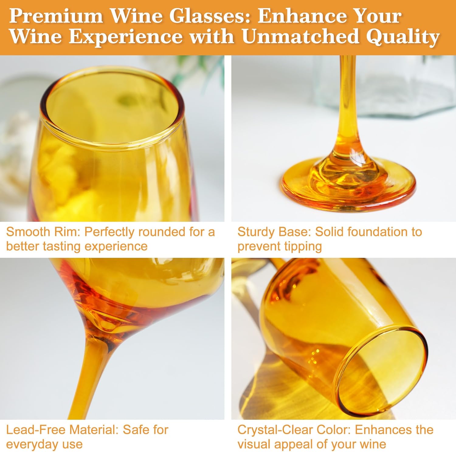 Amber Wine Glasses Set of 6-14oz Long Stem Wine Glass, Pretty Crystal Glassware, Hand Blown Goblets